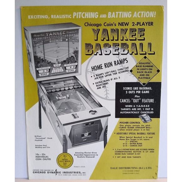 Yankee Baseball Original Pitch And Bat Game Pinball Flyer Chicago Coin 1969 - Picture 1 of 3